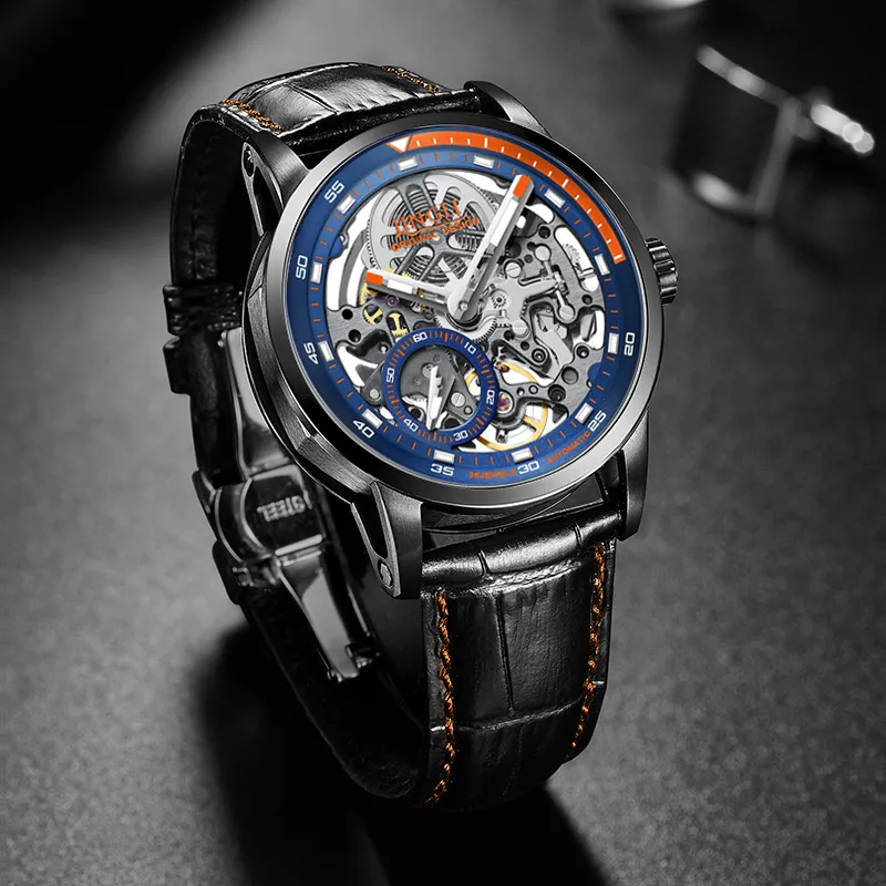 JINLERY Machine Automatic Mechanical Movement Genuine Leather Strap Watch Men's Watches Cut-Out Dial J9033-13