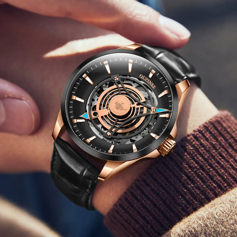 Oupinke Sky Eye Collection Mechanical Movement Leather Watch Bands Watch Men's Watches Black Dial-5