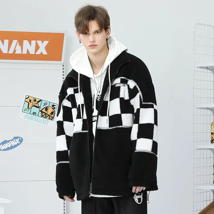 GENANX Letter Plaid Stand Collar Loose Fit Puffer Jacket Unisex-4