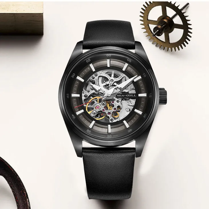 Sea Gull Frontier Automatic Mechanical Movement Cow Leather Strap Watch Men's Watches Cut Out Dial-4