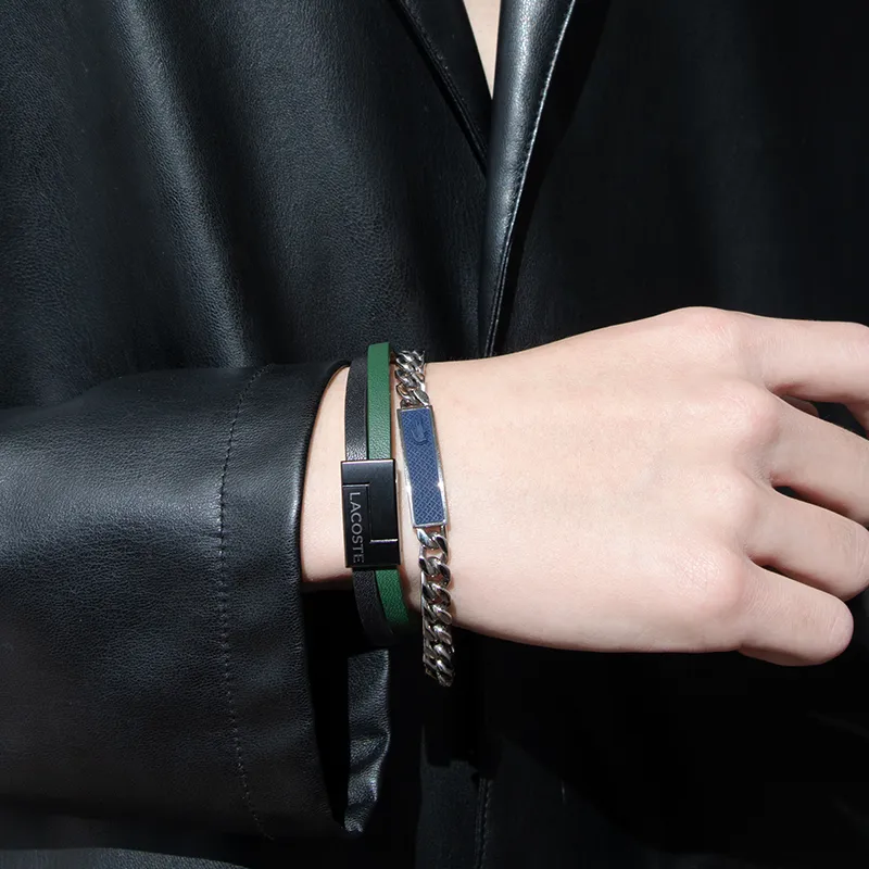 LACOSTE Classic Letter Logo Double Ring Leather Wristbands Men's Green 2040074-5