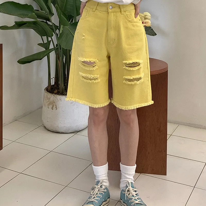 MeiHaoStore Denim Shorts Women's Yellow-3