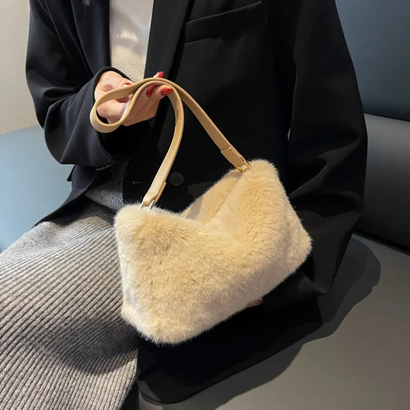 JANE KLAIN Plush Small Square Bag Shoulder Bag Medium Size Women's White/Apricot/Pink-5