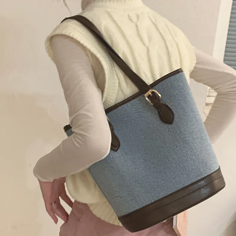 HCXK Denim Tote Bag Shopping Bag Shoulder Bag Women's Light Blue/navy-2