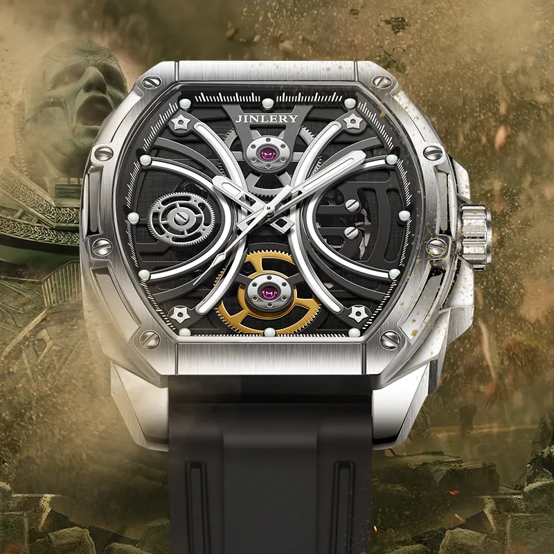 JINLERY Apocalypse Collection Automatic Mechanical Movement Rubber Strap Watch Men's Watches Cut-Out Dial-1