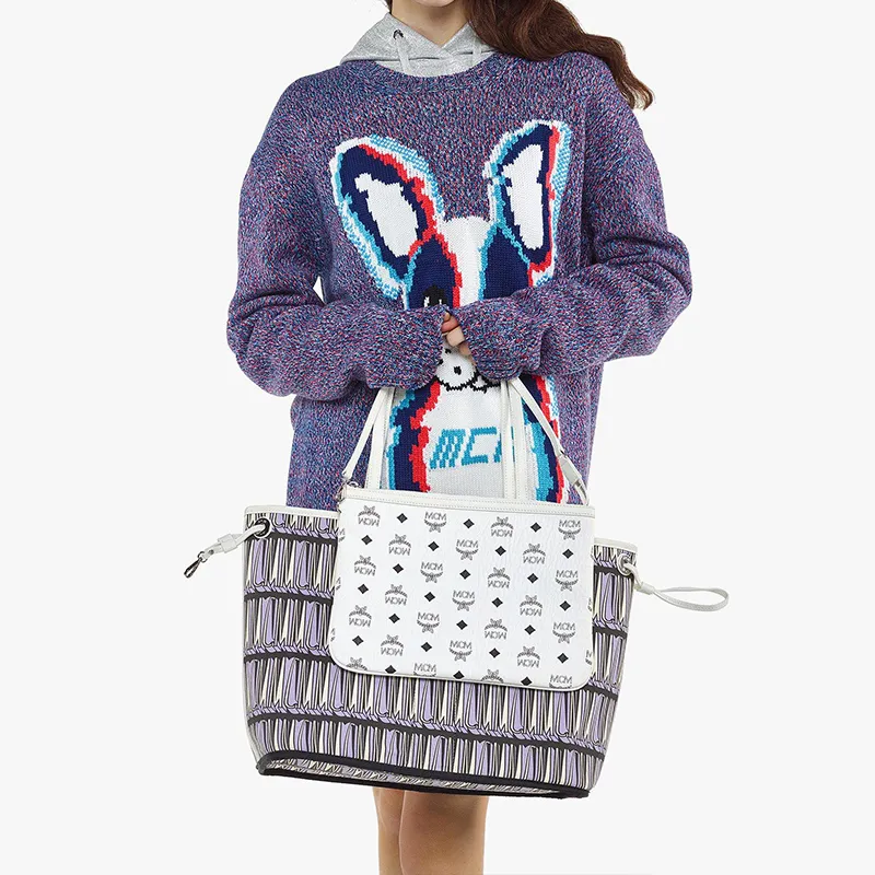 MCM Liz Visetos Fabric+Artificial Leather Combo Bag, Tote Bag, Shopping Bag, Shoulder Bag Medium Size Women's White-8