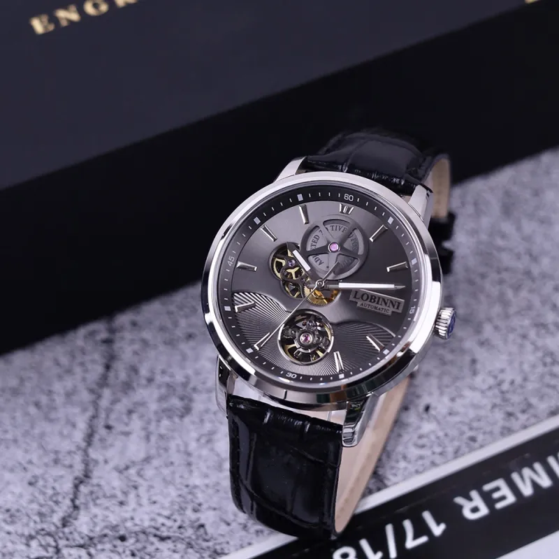 LOBINNI L Automatic Mechanical Movement Genuine Leather Strap Watch Men's Watches Black Dial-1