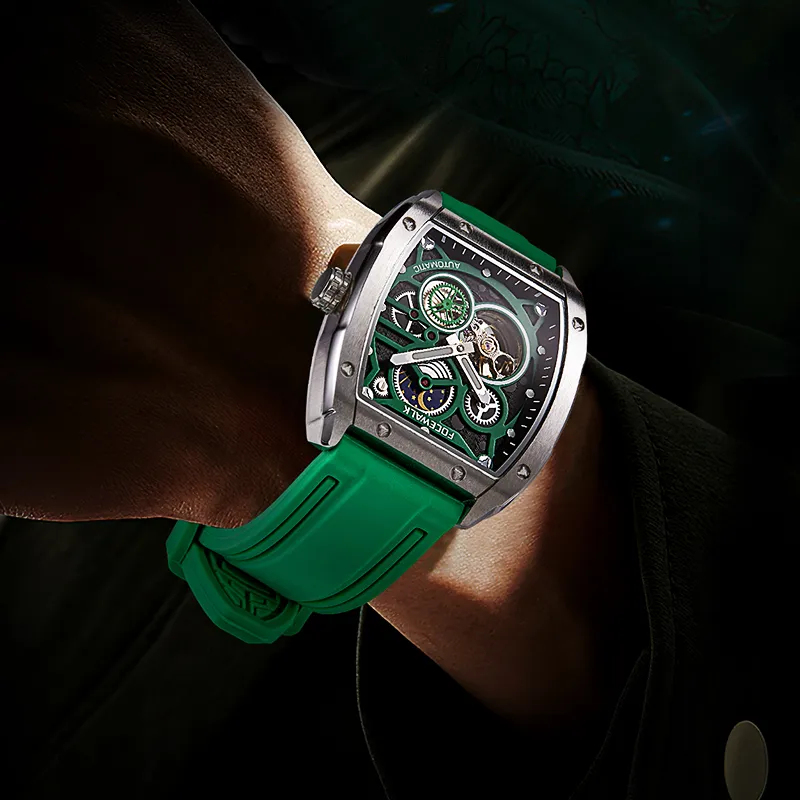 FOCEWALK Three Kingdoms Cao Wei Mechanical Movement Stainless Steel Watchband Watch Men's Watches Green Dial-11
