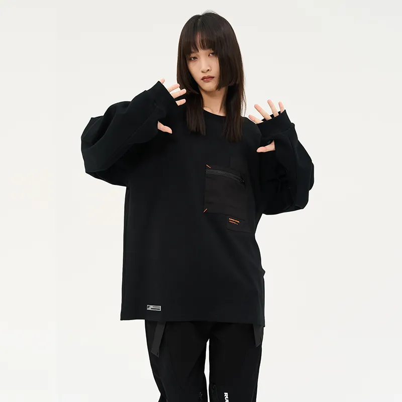 RUNNINWHEEL Crew Neck Loose Fit Sweatshirt Unisex Black-3