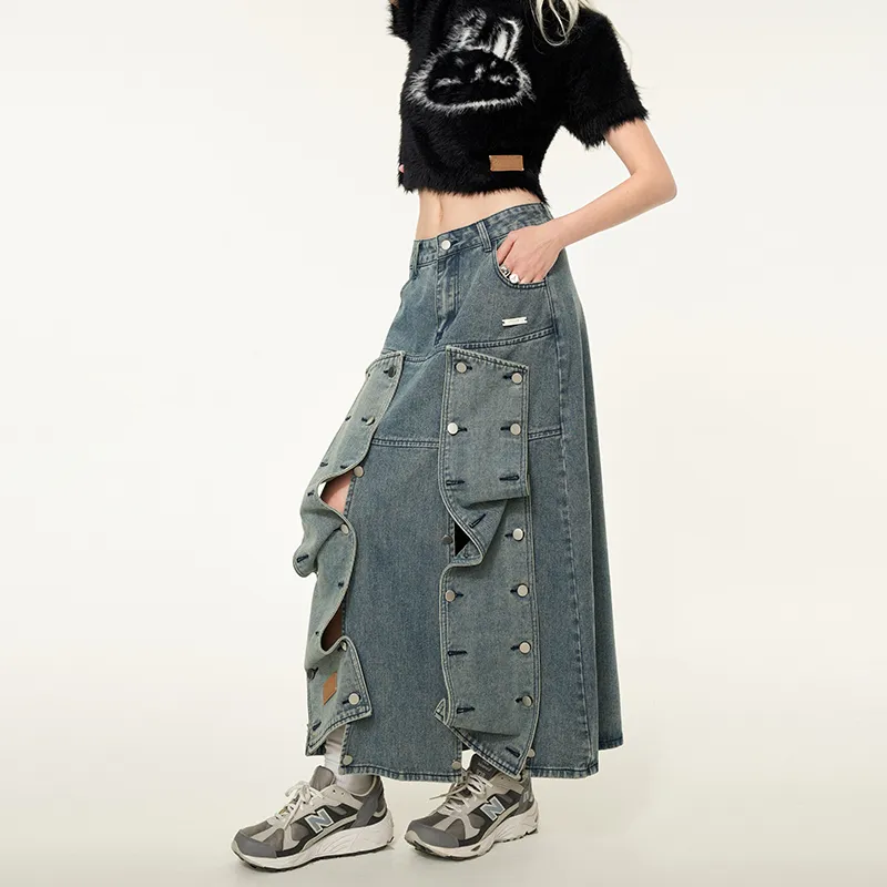 MAMC Denim Long Skirts Women's Blue-2