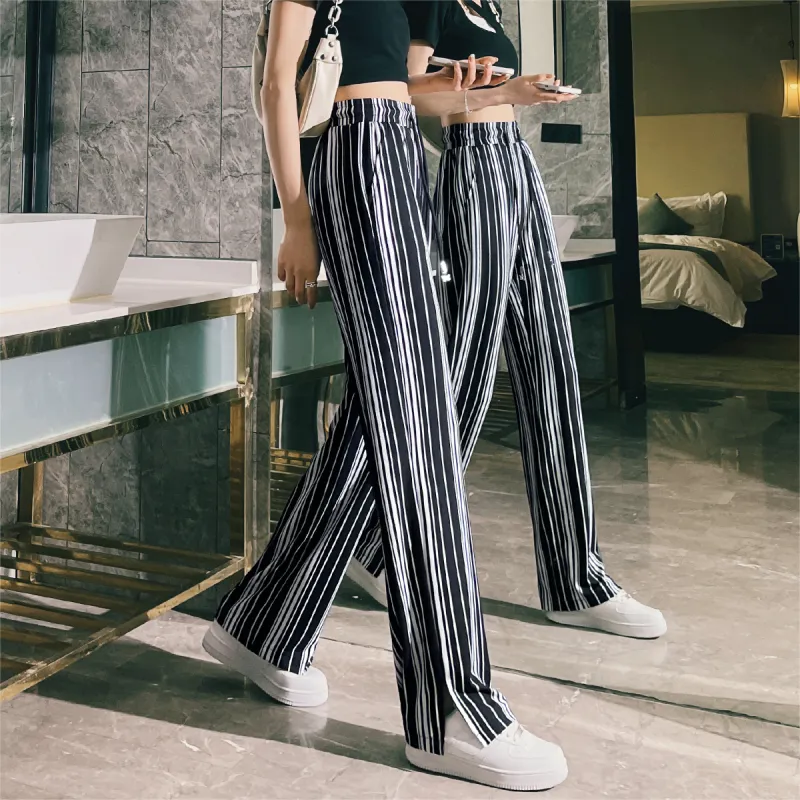 MITUAN Casual Pants Women's Black White Stripes-3
