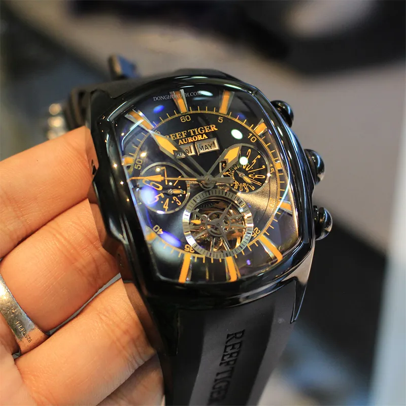 REEF TIGER Aurora Collection Tank II Automatic Mechanical Movement Watch Men's Watches Black Dial-1