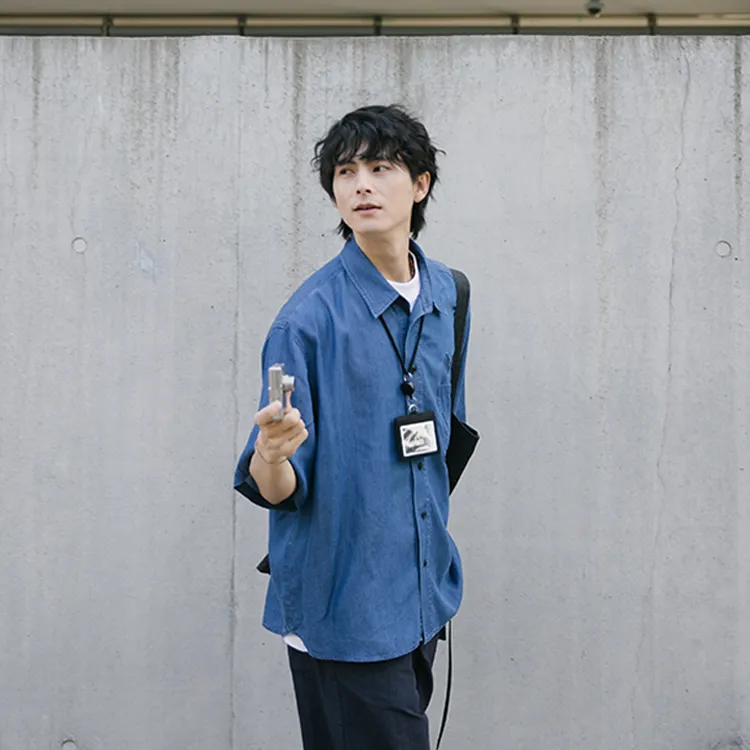 YOSHIYOYI Solid Color Heavy Washed Shirt Shirt Summer Unisex Blue-2