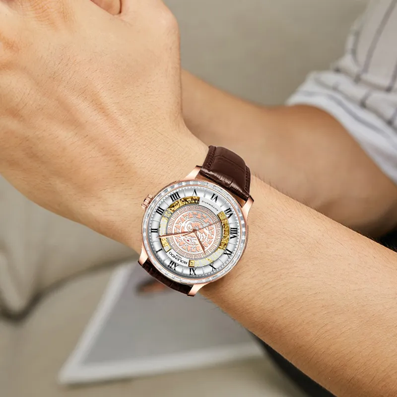 ROLENDO R Automatic Mechanical Movement Genuine Leather Strap Watch Men's Watches White Dial RG7065-2