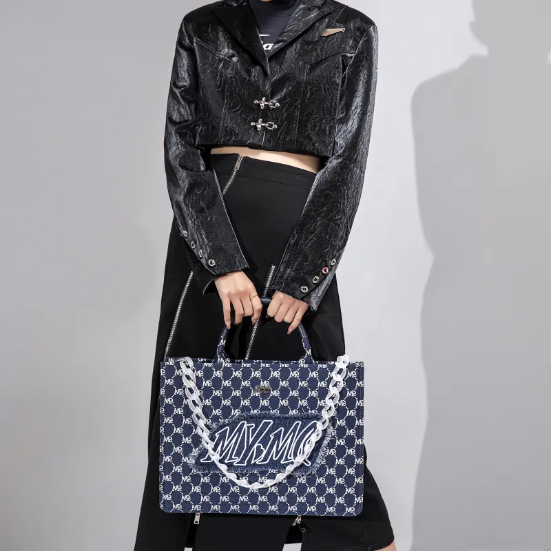 MQ PU Tote Bag Shopping Bag Handbag Shoulder Bag Crossbody Bag Large Size Unisex Black/Blue-4