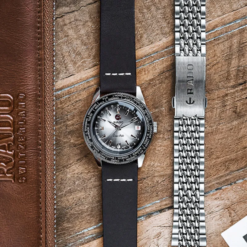 RADO Captain Cook Collection Mechanical Movement Men's Watches Watch 37mm Gray Dial Stainless Steel Case Leather Strap-4