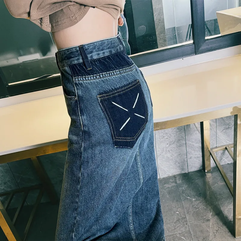 MITUAN Denim Long Skirts Women's Vintage Blue-5