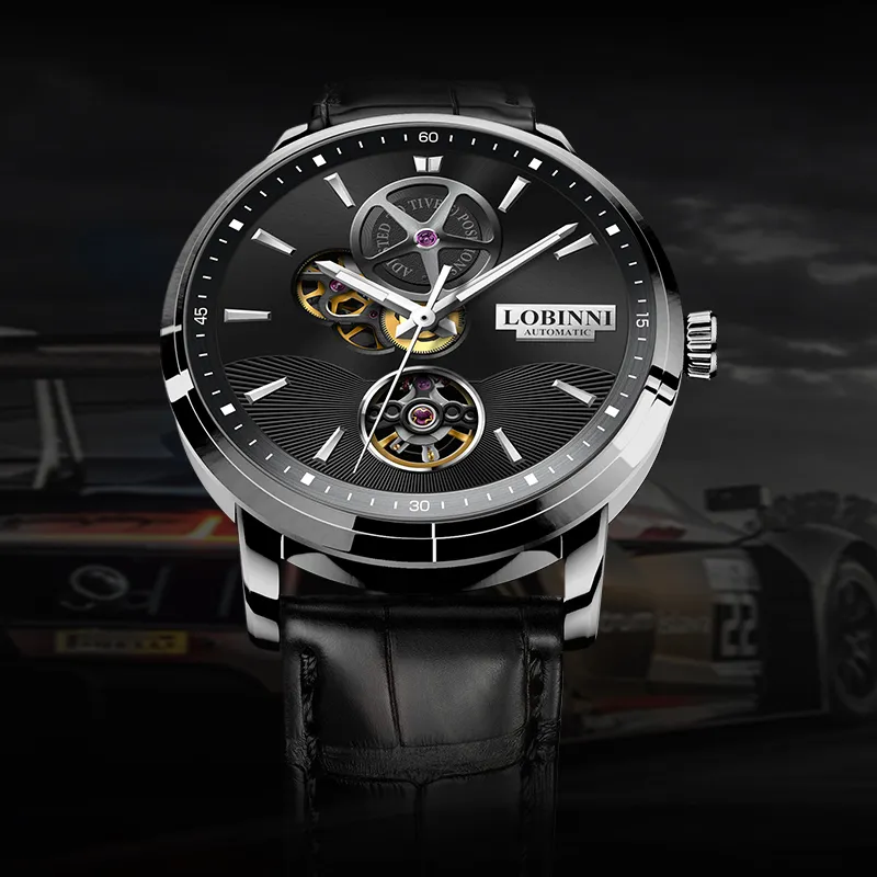 LOBINNI L Automatic Mechanical Movement Genuine Leather Strap Watch Men's Watches Black Dial-12