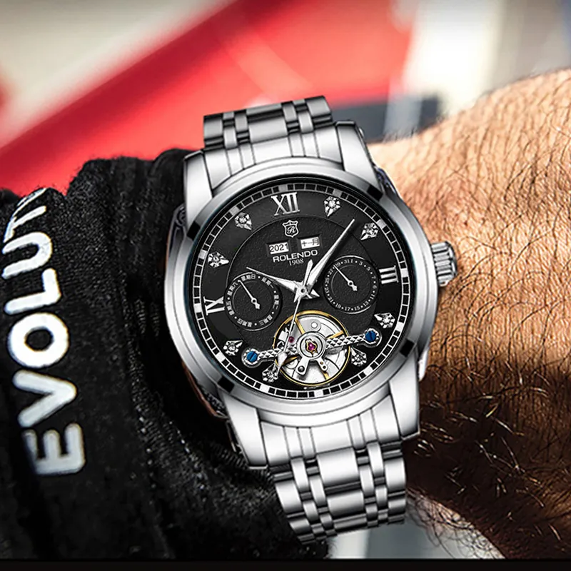 ROLENDO R Tide Play Series Automatic Mechanical Movement Stainless Steel Watchband Watch Men's Watches Black Dial-2