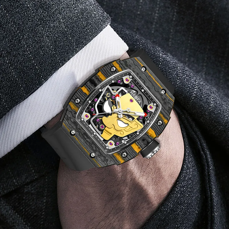 HaofaTourbillon Arknights Series Mechanical Movement Rubber Strap Watch Men's Watches Cut-Out Dial-8