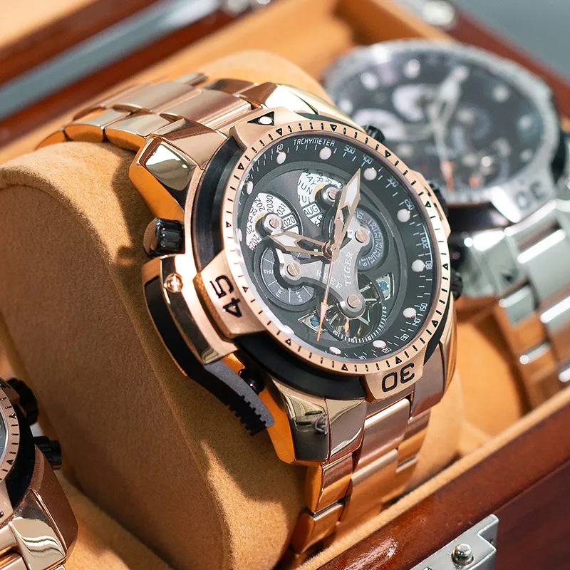 REEF TIGER Aurora Automatic Mechanical Movement Stainless Steel Watchband Watch Men's Watches Black Dial-3