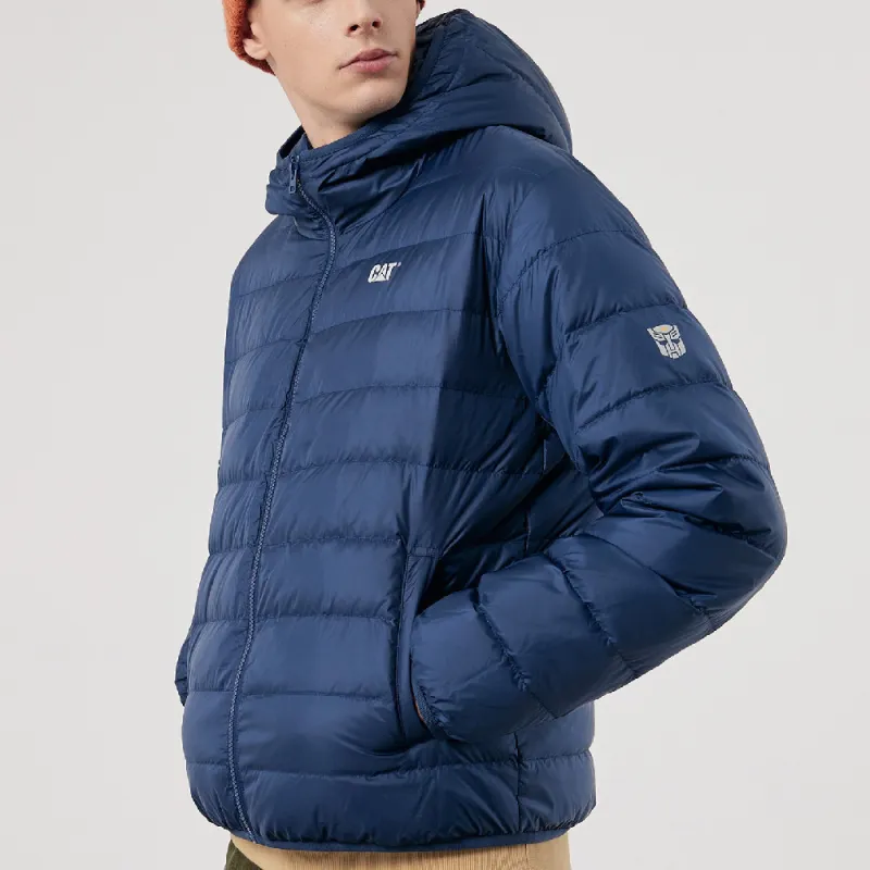 CAT x Transformers FW22 Cartoon Letter Solid Color Hooded Thickened Down Jacket Unisex Navy Blue-3