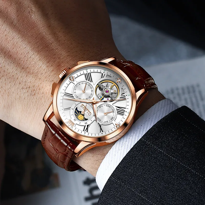 OLEVS Wisdom Series Mechanical Movement Leather Strap Watch Men's Watches Black Dial-21