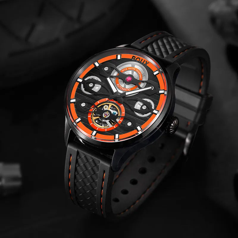 BOUX Biker Wind Collection Automatic Mechanical Movement Silicone Strap Watch Men's Watches Orange Watch Dial-2