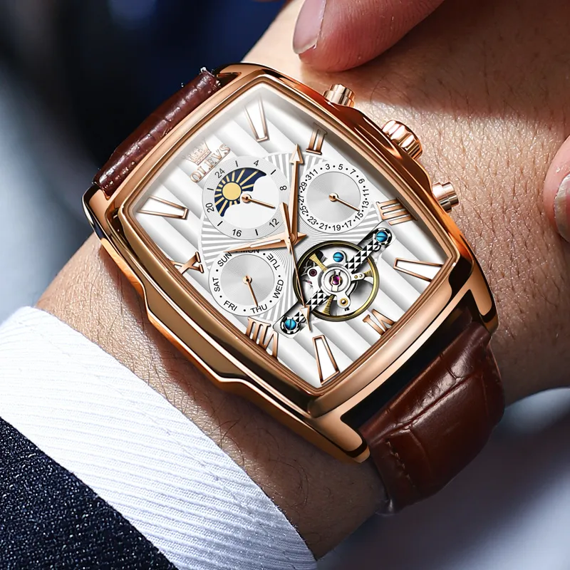 OLEVS Mechanical Movement Leather Strap Watch Men's Watches White Dial-2
