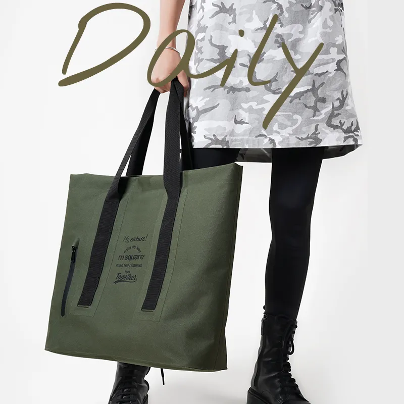 M Square Fabric Beach Bag, Tote Bag, Shopping Bag, Shoulder Bag Tubas Unisex Olive Green-2