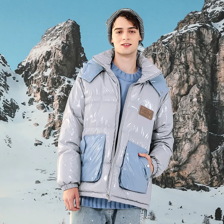 LAMLICKA Solid Color Hooded Loose Fit Thickened Down Jacket Unisex Gray-5