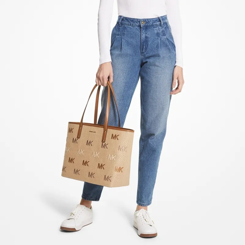 MICHAEL KORS Carter Fabric Tote Bag, Shoulder Bag Women's Straw & Acorn Brown-4
