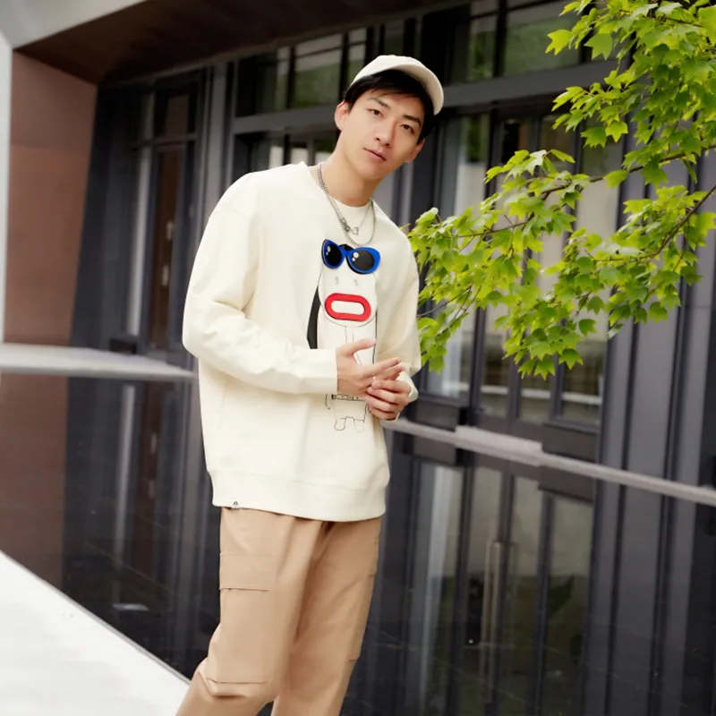 Thankque Crew Neck Loose Fit Sweatshirt Spring Unisex Ecru-2