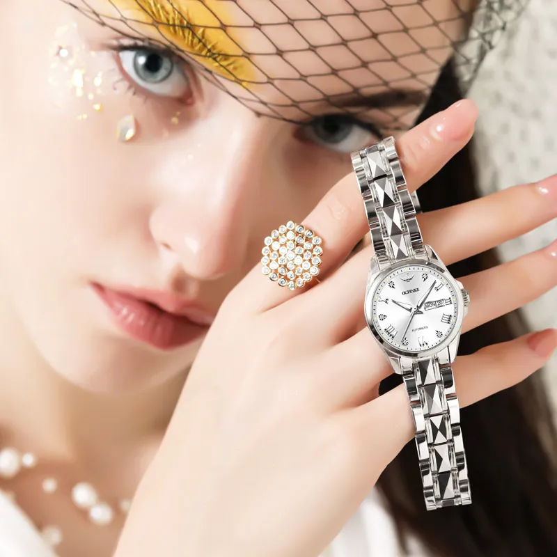 Oupinke Gaias Collection Mechanical Movement Tungsten Steel Strap Watch Women's Watch White Dial-3