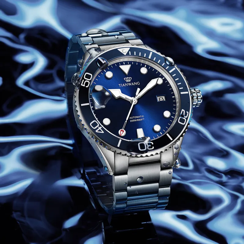 TIANWANG Blue Fin Collection Mechanical Movement Stainless Steel Strap Watch Men's Watches Blue Dial-3
