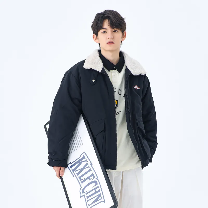 KXLFCHN Letter Solid Color Lapel Loose Fit Puffer Jacket Unisex-9