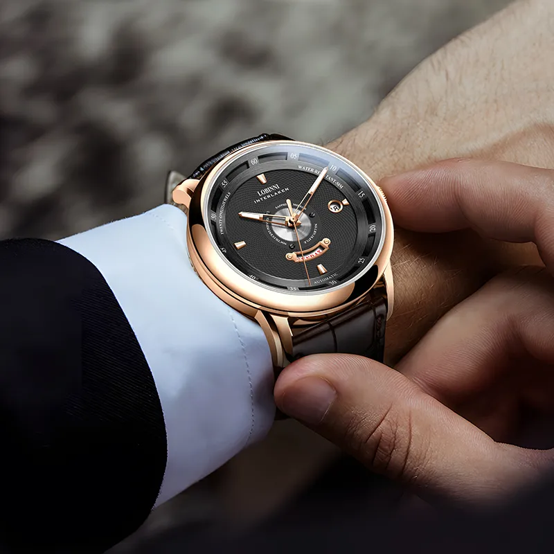 LOBINNI L Automatic Mechanical Movement Genuine Leather Strap Watch Men's Watches Black Dial-7