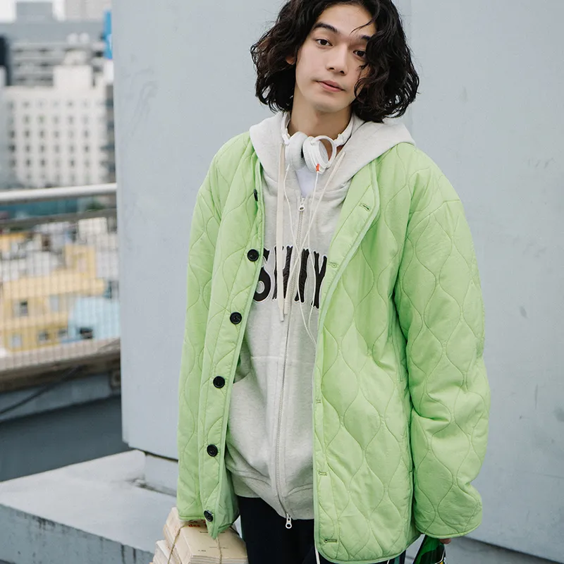 YOSHIYOYI Collarless Loose Fit Puffer Jacket Unisex Neon Green-2