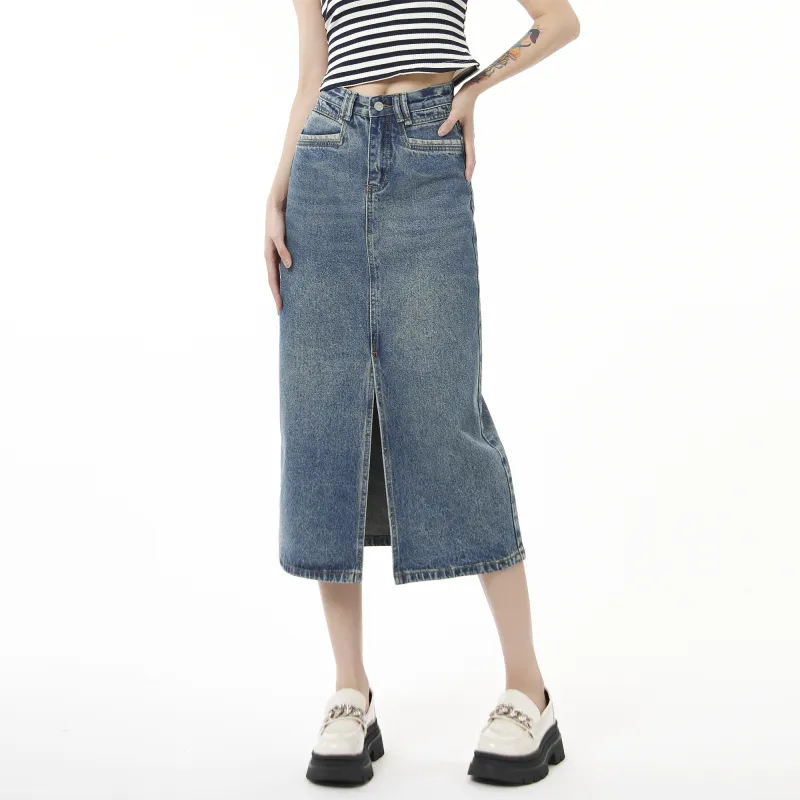 QYPRF Denim Long Skirts Women's Vintage Blue-2