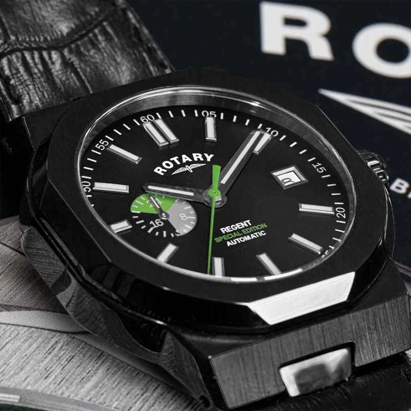 ROTARY Wrist Watch Automatic Mechanical Movement Genuine Leather Strap Black Dial Men's Watches-12