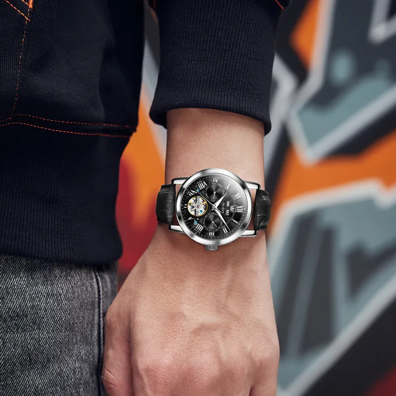 OLEVS Play The Cool Series Automatic Mechanical Movement Leather Strap Watch Men's Watches White Dial-18