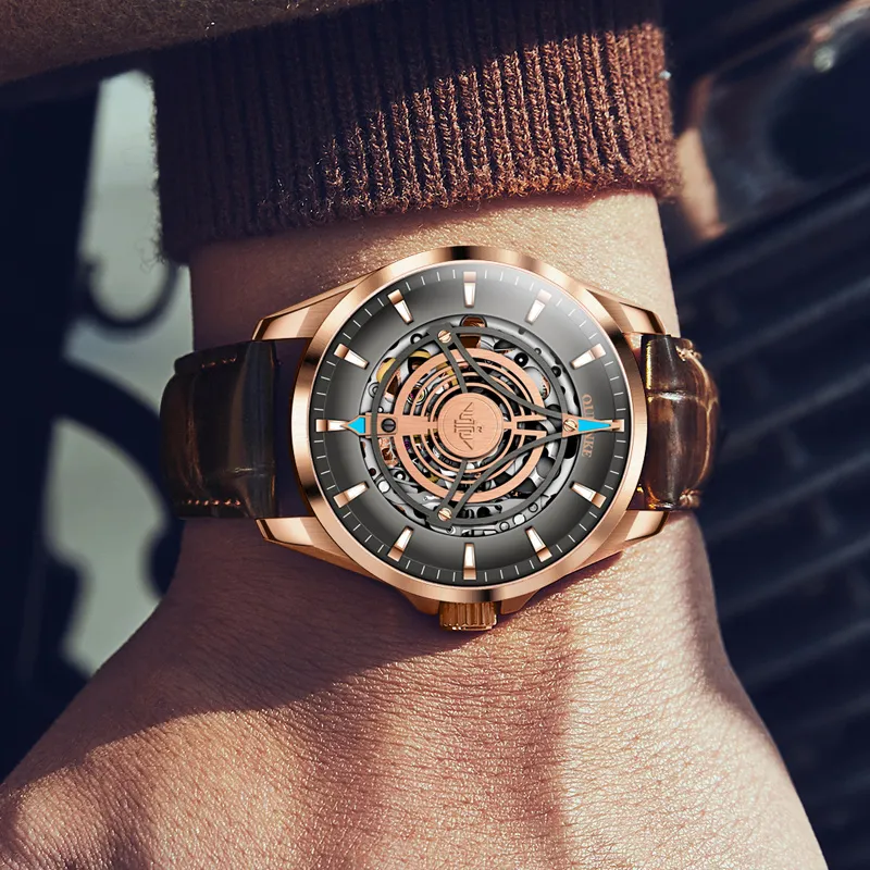 Oupinke Sky Eye Collection Mechanical Movement Leather Watch Bands Watch Men's Watches Black Dial-10