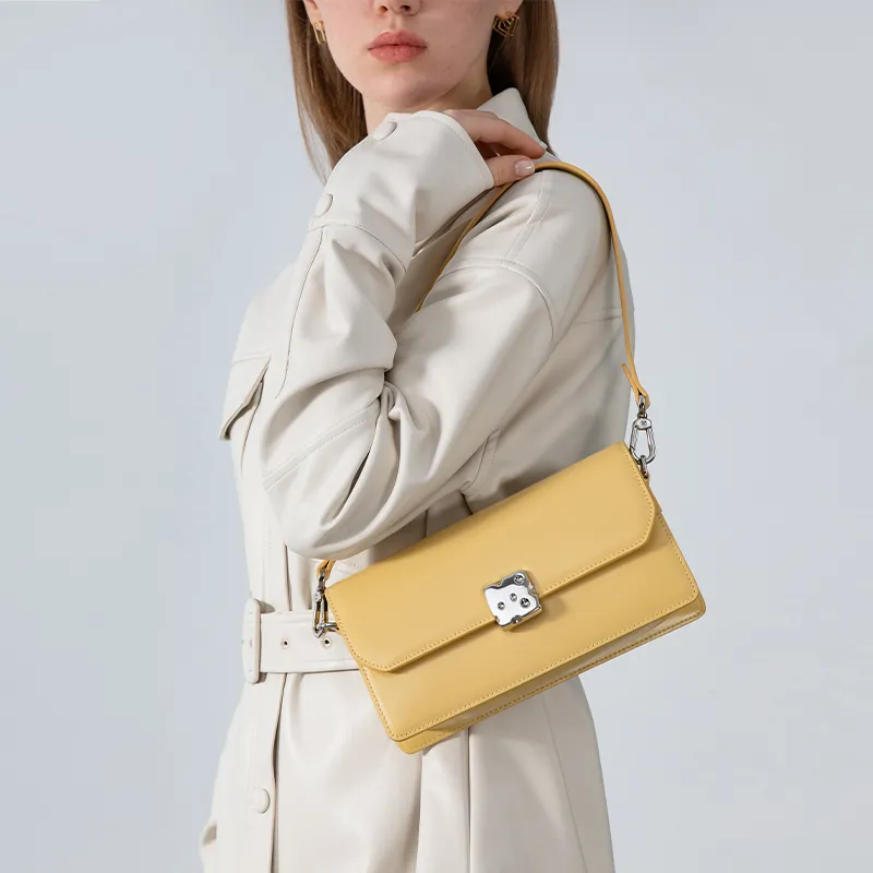 VENOF Cow Leather Small Square Bag Shoulder Bag Women's Black Forest/Cream White/Cheese Yellow-36