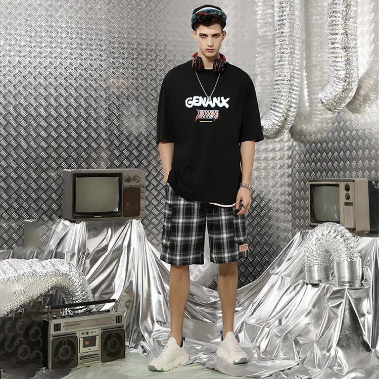 GENANX Casual Shorts Unisex Black White Plaid-5