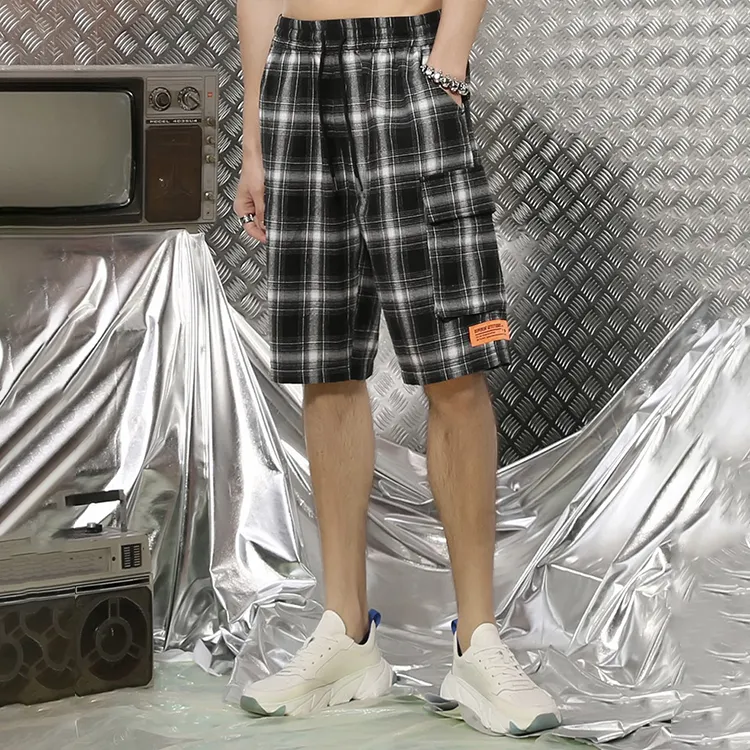 GENANX Casual Shorts Unisex Black White Plaid-2