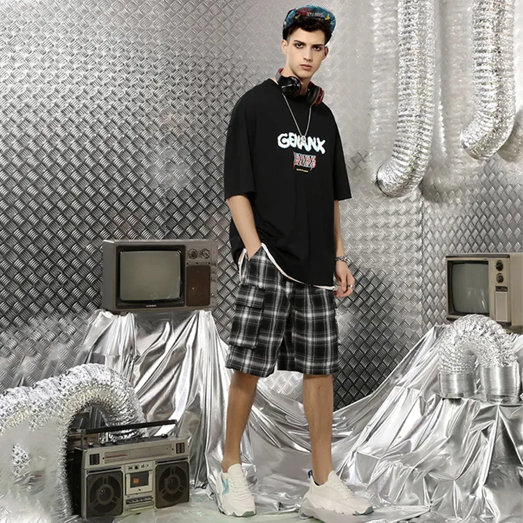 GENANX Casual Shorts Unisex Black White Plaid-4