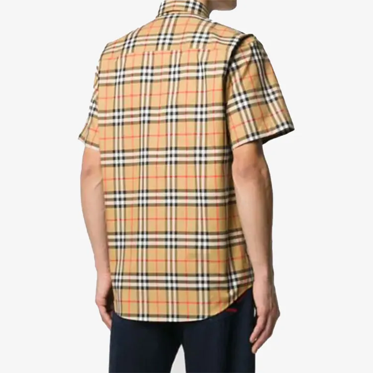 Burberry Men Plaid Patterns Short Sleeves Shirts Yellow-4