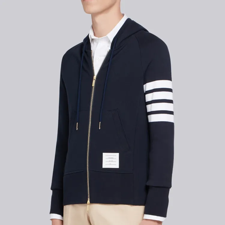 THOM BROWNE Engineered 4 Bar Zip Up Drawstring Hoodie-4