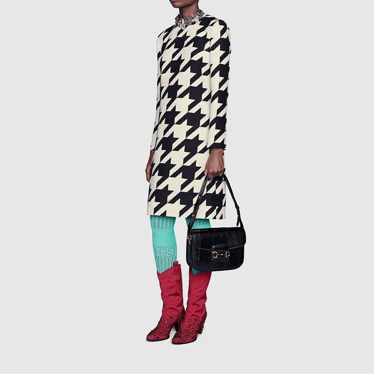 GUCCI Houndstooth Long Sleeve Shift Dress Multi-3