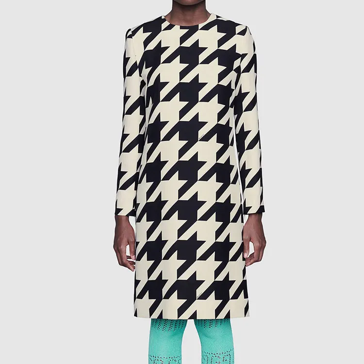 GUCCI Houndstooth Long Sleeve Shift Dress Multi-1
